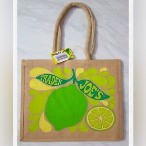 NWT - Trader Joe's Lime Lemon Print Reusable Shopping Grocery 100% Jute Burlap
